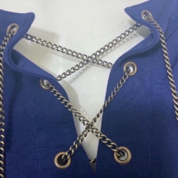 MICHAEL, Michael Kors Designer Women’s Navy Blue Gold Chain Lace-Up Blouse XS - Picture 9 of 11